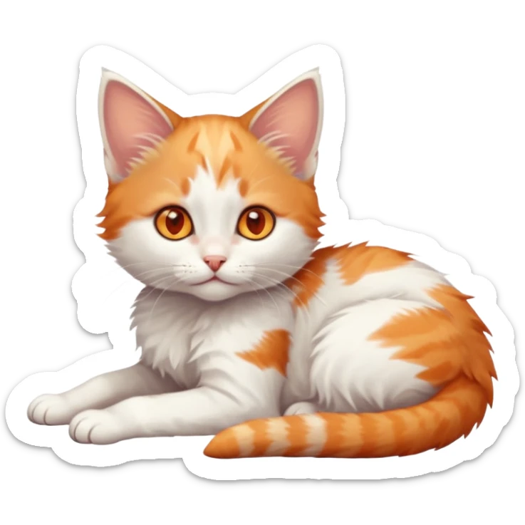 full body of very small + skinny ginger and white kitten with deep orange eyes and triangular shaped face lying down sticker