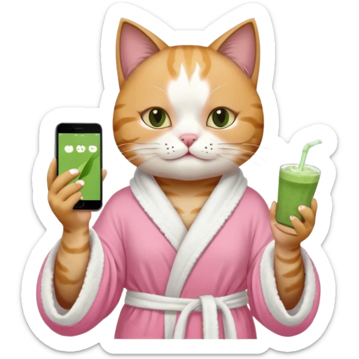 I want a CAT whit a iced macha on her paw and i want her to ne wearing a pink bath rope And she will have a  white face mask on her face and phone on the opisite paw whit the macha sticker
