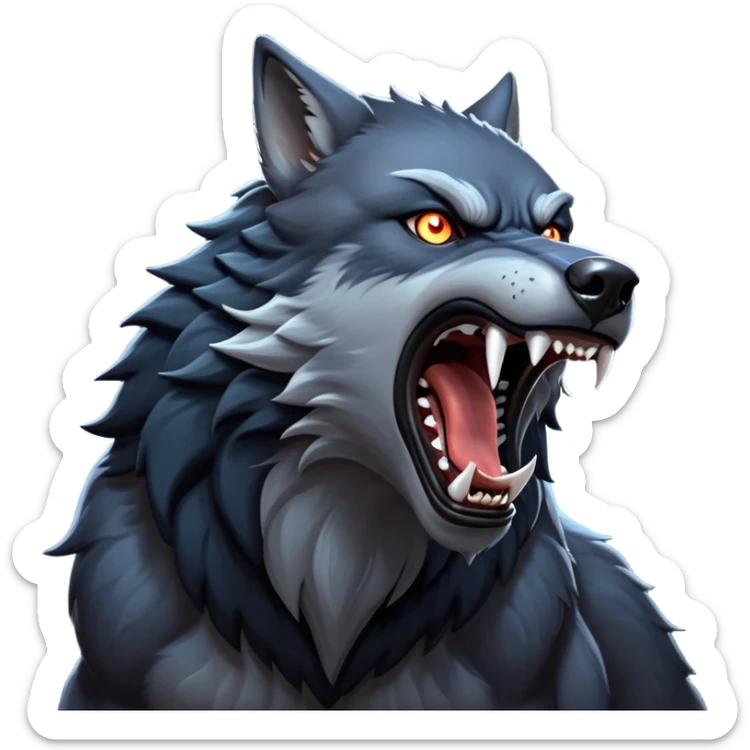 cinematic-noble-fierce-werewolf-howling-portrait-emoji, poised-and-imposing, with a fierce wolfish face tilted upwards in a haunting howl, glowing eyes full of primal ferocity, sharp, and a rugged snout, fur rippling in shades of midnight black and silver, muscles tensed as the powerful howl echoes beneath the moonlit sky; rendered with realism, capturing the raw, untamed power of the beast in its wild, primal state sticker