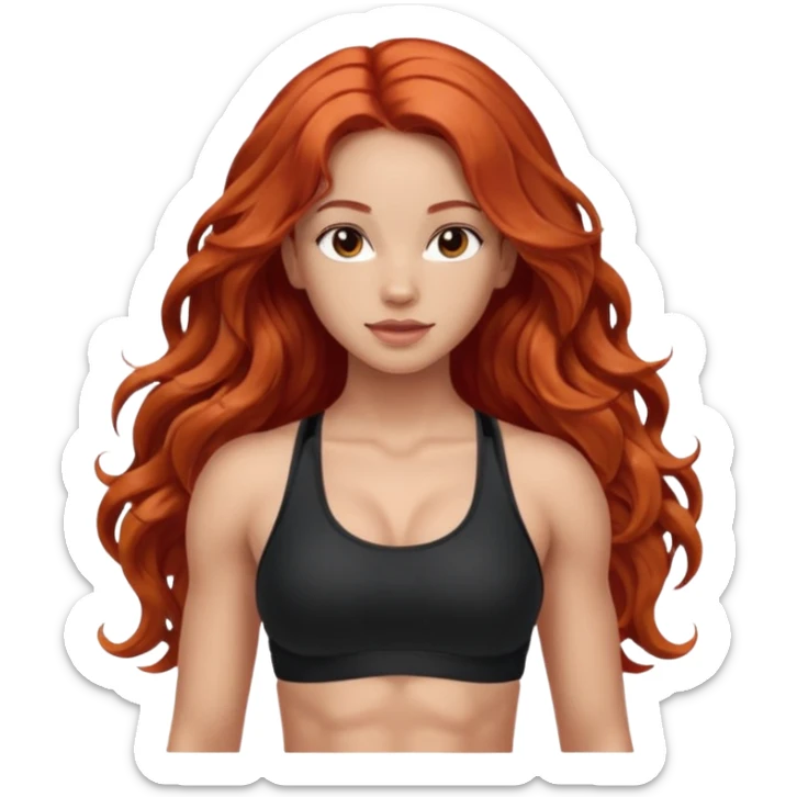 Athletic girl with long light red wavy hair and smaller boobs bigger arms. middle part and black sports bra, long hair sticker