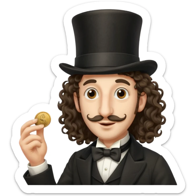 Jewish man with a long nose that sticks out a top hat slightly long curly hair and a penny in his hand sticker