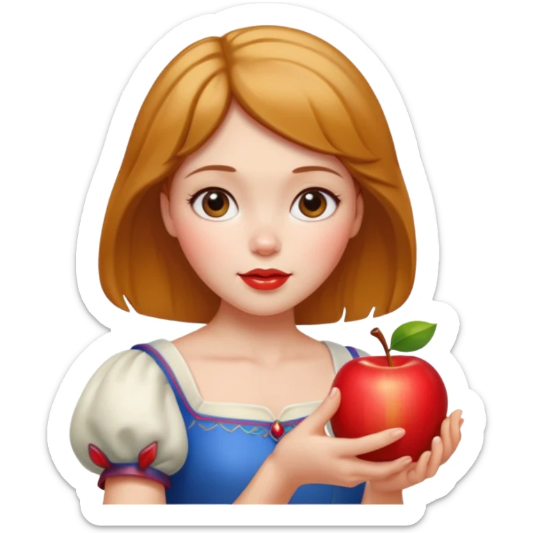 Create an emoji of Snow White holding a red apple, with short golden-brown hair. sticker