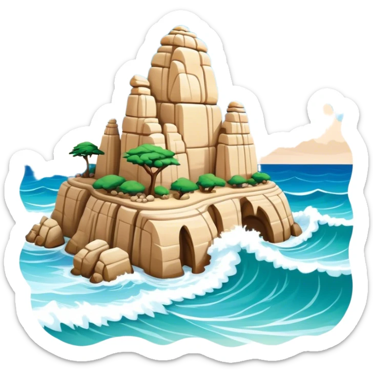 Cinematic Realistic Raouche Rocks, Beirut Landmark Emoji, depicting the majestic limestone rock formations rising from the Mediterranean Sea, with waves crashing against their bases under a vibrant sky. sticker