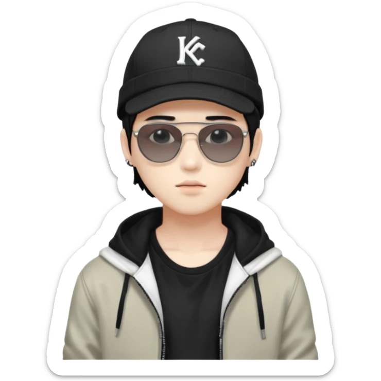 Portrait of a male K-pop idol, white skin, wearing a stylish streetwear outfit with layered clothing, makeup, wearing a black cap, sunglasses sticker