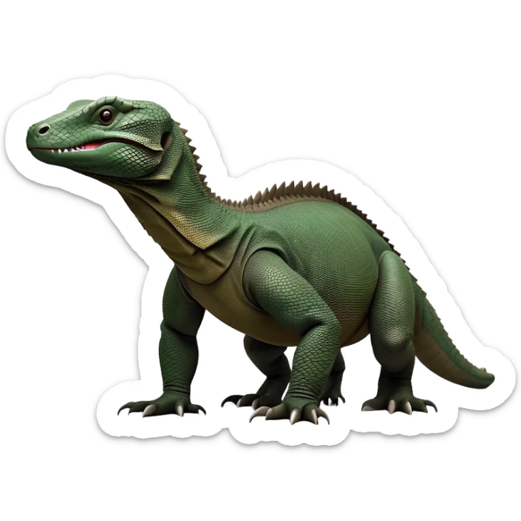 cinematic-komodo-dragon-realistic-full-body-standing on all fours-emoji,-massive-scaled-body-poised-with-quiet-power,-rough-textured-skin-dark-green-and-dark brown, black,-head-tilted-dramatically,-long-forked-tongue-flicking-out,-simplified-yet-realistic-focused-features,-highly-detailed,-glowing-with-an-almost-sarcastic-glow

 sticker