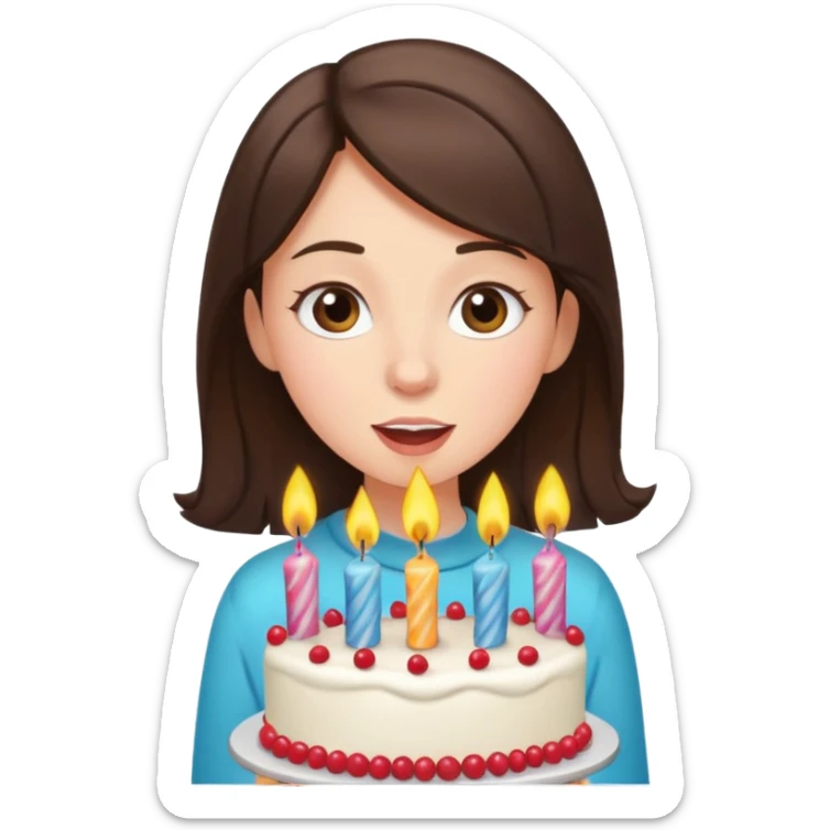 brunette girl blowing out candles on a birthday cake, joyful, party decorations sticker
