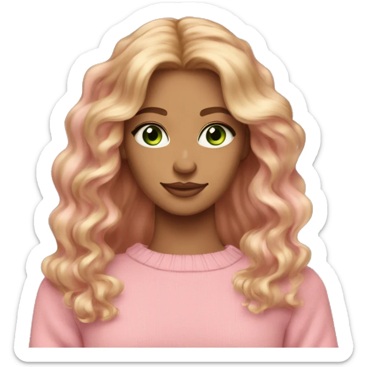 Dark blonde red hair girl tan skin pink sweater pink makeup green eyes gold earrings pink nails wavy long hair sticker