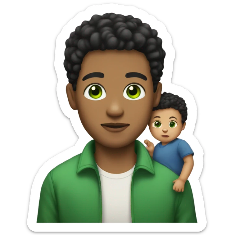 Lightskin guy with green eyes holding a baby with short dark hair and one cigarette  sticker