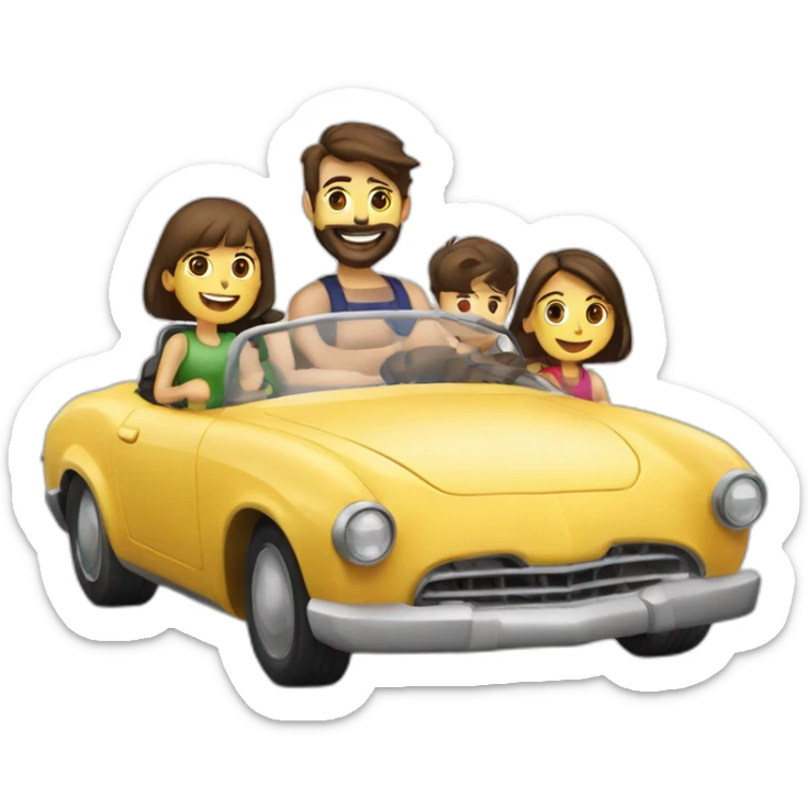 Brunette-bearded man-and-brunette-girl along with 2 boys -roadster-car made of food -driving sticker