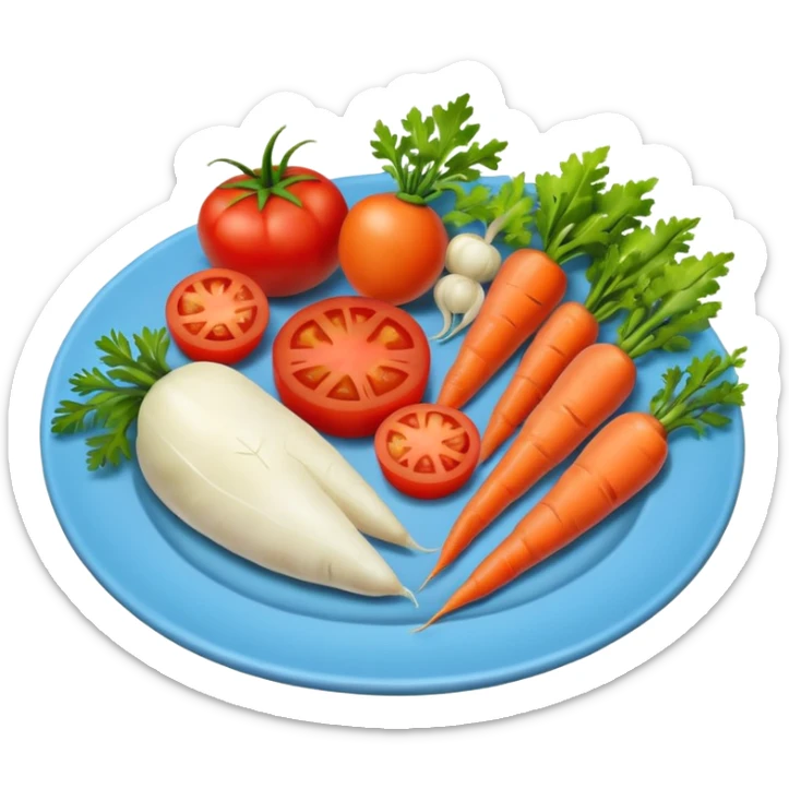 a plate of food with meat and vegetable and carot and tomato sticker
