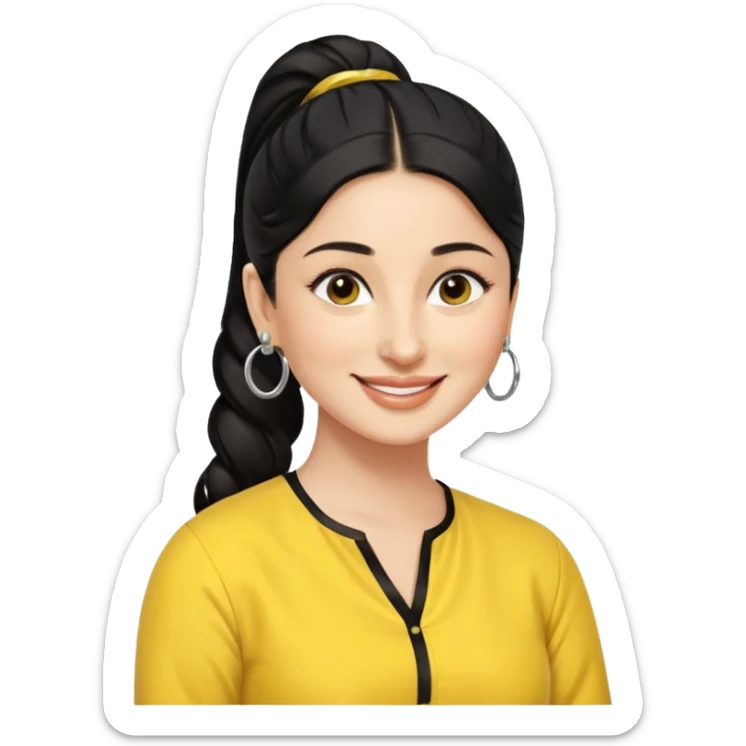 generate a pretty bratz emoji that looks like Kareena Kapoor's Geet character. 
Make her wear a yellow kurti, silver hoops, black hair in a ponytail. smiling big

She should look like Kareena Kapoor sticker