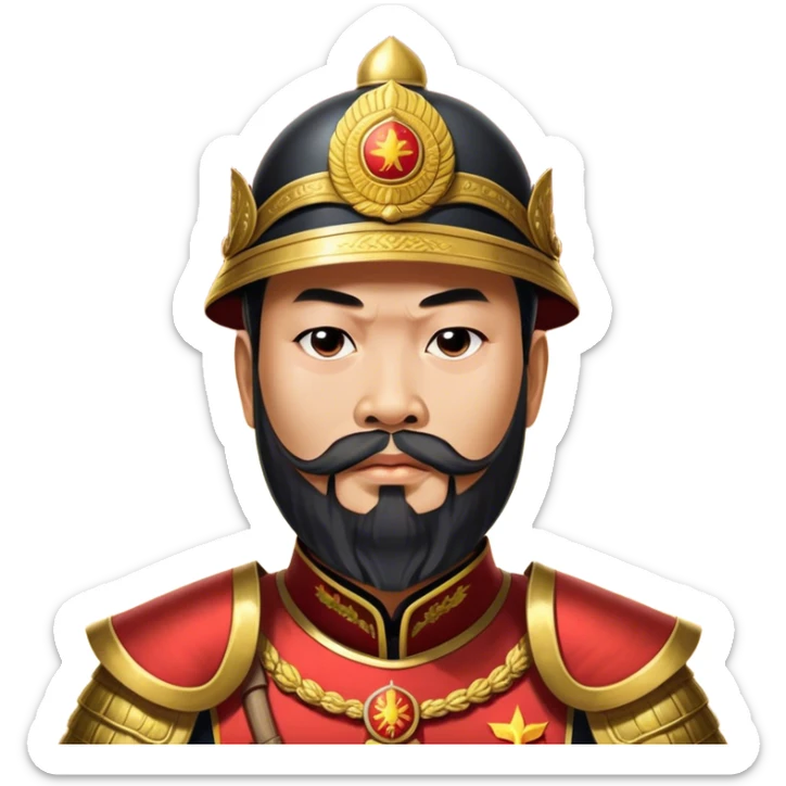 ​Cinematic Realistic Portrait of Trần Hưng Đạo, depicted as a revered Vietnamese general with his characteristic traditional Vietnamese beard and historic armor, his determined gaze illuminated by dramatic historical lighting that evokes his legendary martial spirit and leadership, sticker