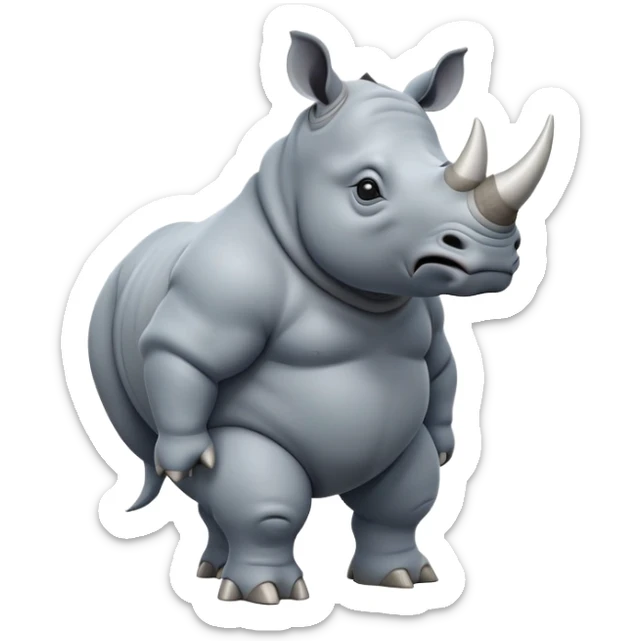 cinematic-rhino-full-body-standing-emoji,white horn, slate grey/blue skin -massive-body-poised-powerfully,-thick-horn-curving-slightly-forward,-head-tilted-dramatically,-rough-grey-hide-covered-in-dust,-simplified-focused-features, large cute black eyes sticker