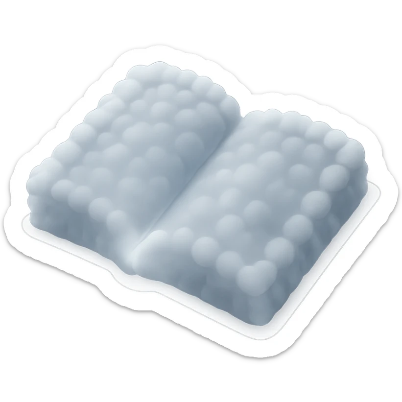 top view of a thick open book made entirely of small, very bright white fluffy convex clouds, matte glass style sticker