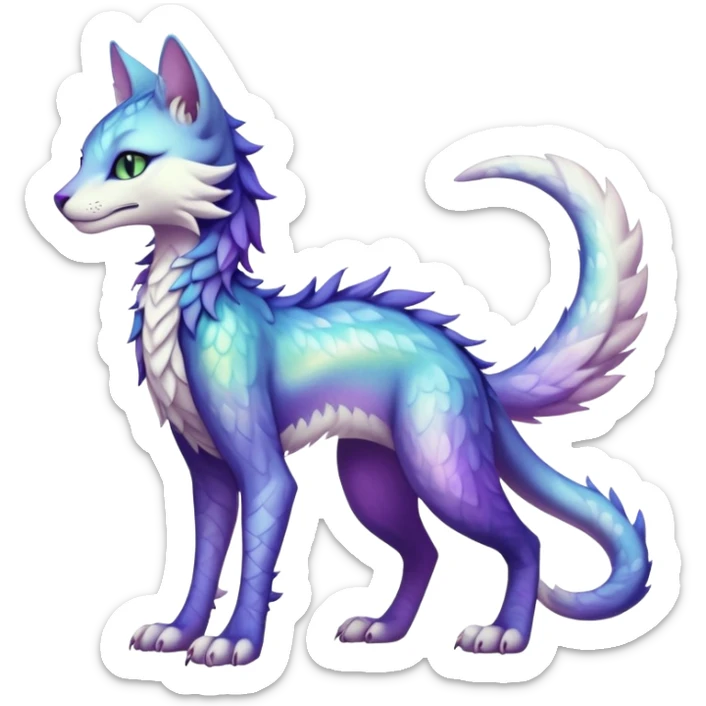 Kawaii iridescent beautiful pretty elegant divine edgy fantasy feline-vernid-sergal-fursona animal creature with a tufted tail full body with intricate markings  sticker