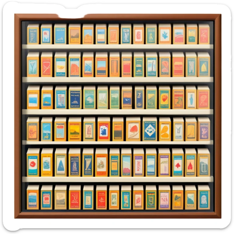 Icon for Matchbox Collecting: a collection of vintage and colorful matchboxes from different places, neatly displayed in a row or in a display case. The icon should reflect the uniqueness and diversity of matchbox collecting. Transparent background. sticker