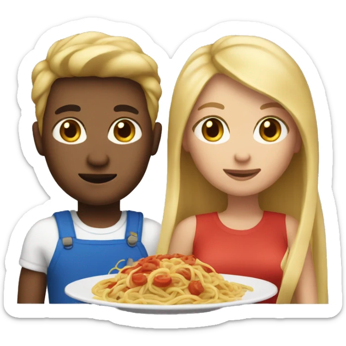 couple with light skin and dark blonde hair and blue eyes eating spaghetti sticker