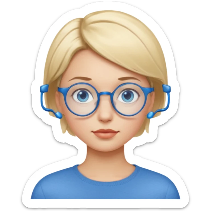 woman with very short side parted blonde haire, blue eyes and blue round glasses sticker