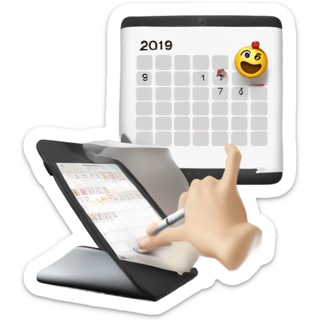 Mano blanca escribiendo con un bolígrafo color borgoña en una tablet con un calendario editorial. sticker