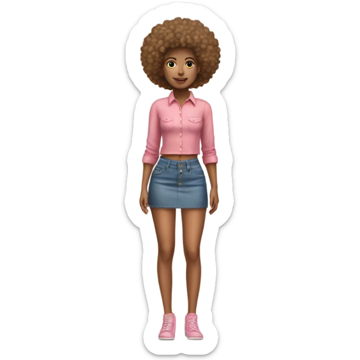 Tan girl with Afro and pink button top and jean skirt full body posing sticker