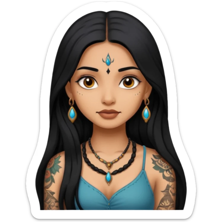 an ios genmoji for a pretty  indian girl with black long hair  tattooed, beautiful girl sticker