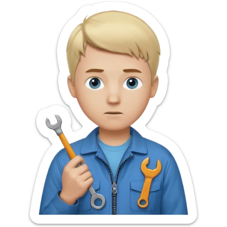 Calm and independent male technician, fair skin, short blonde hair, cool light-blue eyes, serious but composed expression, wearing a blue work jacket over a grey t-shirt, holding a wrench in one hand and a mechanical gear in the other, waist-up, front-facing sticker