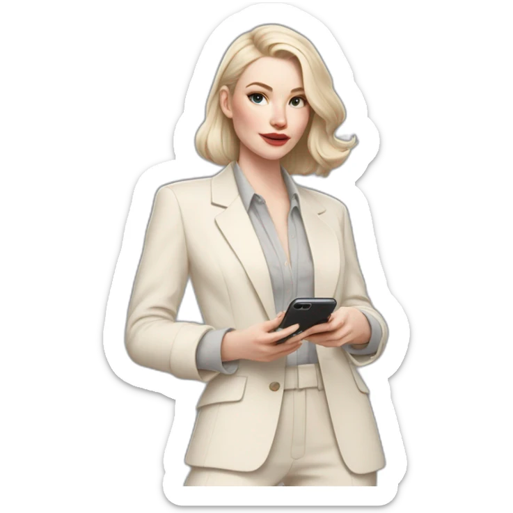 pale skin woman with ash blonde Straightened bob Hair, White Spacious classical jacket, beige palazzo Arrow pants and gray blouse holding white IPhone 14 pro in the hands sticker