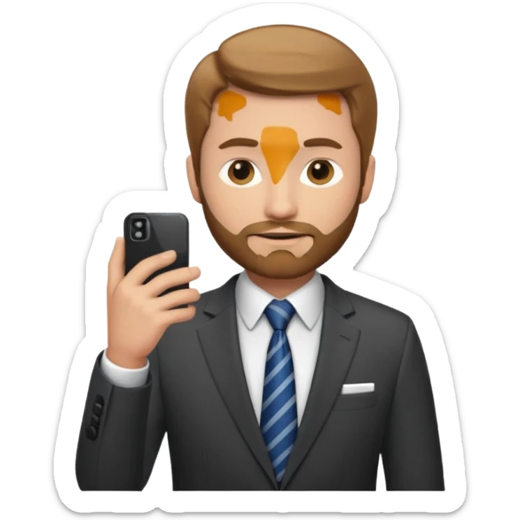Un hombre con un poco de barba,  de traje con tez clara pelo color castaño, vestido con traje camisa y corbata y celular en mano .  sticker