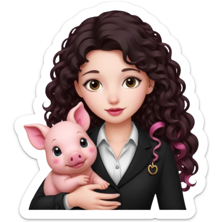 Ragazza bellissima sexy vestita bene capelli lunghi scuri con un piccolo maialino sticker