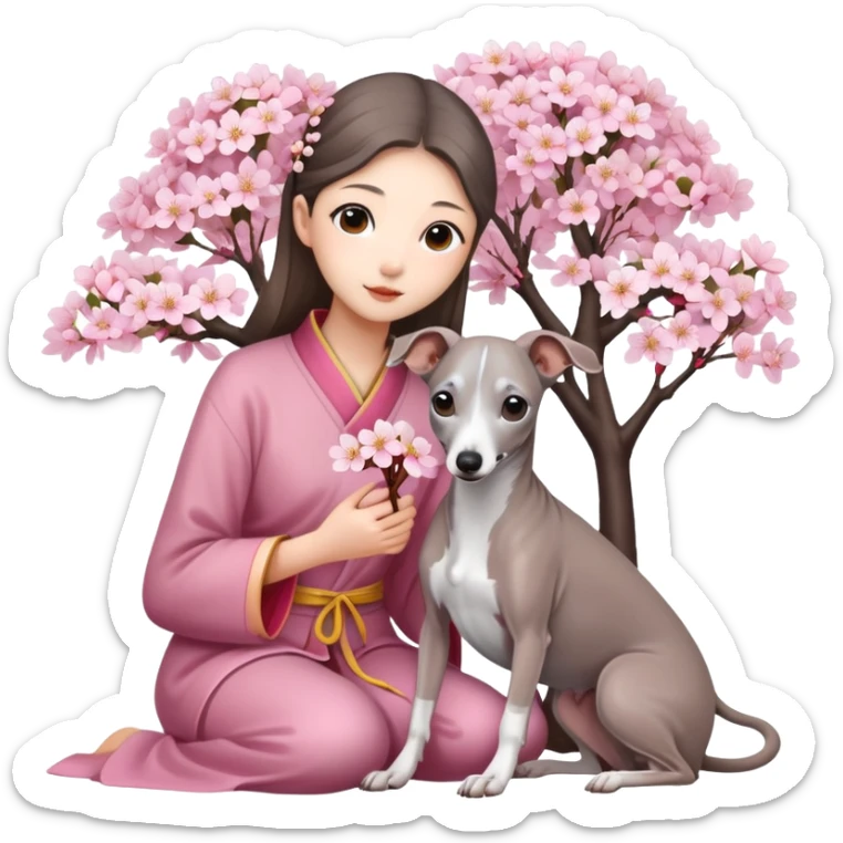 A young Chinese girl and a grey Italian Greyhound sitting under a cherry blossom tree sticker