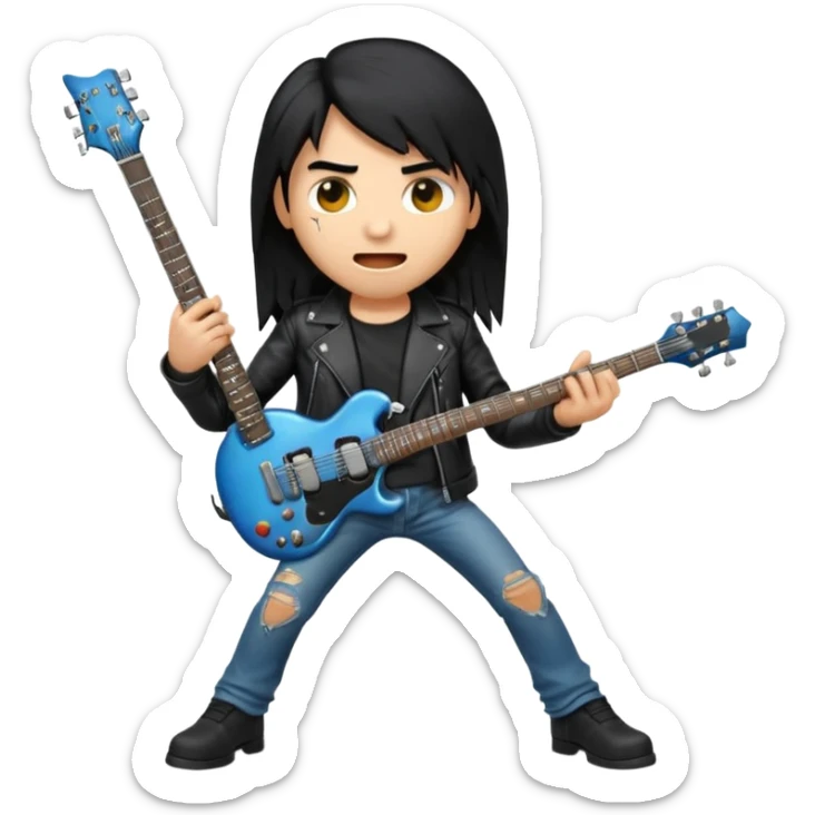 3D Apple-style emoji of a metal musician. Long hair, black leather jacket, ripped jeans, holding an electric guitar. Intense expression, glossy, rounded, smooth, soft shadows, white background.










 sticker