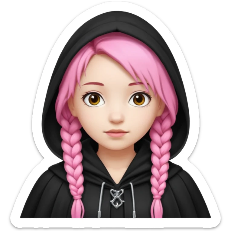 pink braids hair kid girl, white skin, wear black cloak sticker