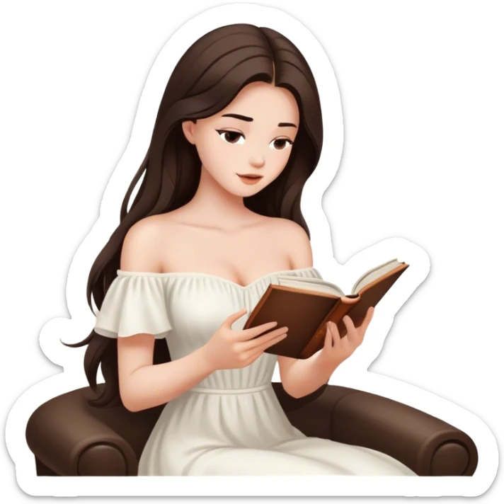 Beautiful woman in 1950’s woman fashion look, off-shoulder white dress, long dark brown hair, reading  sticker