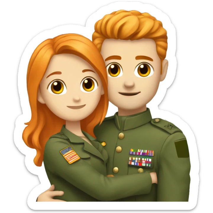 a orange hair girl hugs, a dark haired white man in a green military uniform sticker