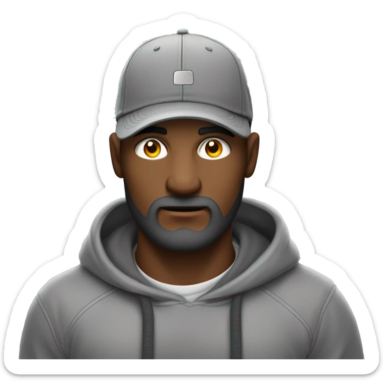 Hombre de tez clara, con ojos claros, barba fina, sin bigote, gorra negra bordada, y sudadera gris. Expresión relajada y estilo urban sticker
