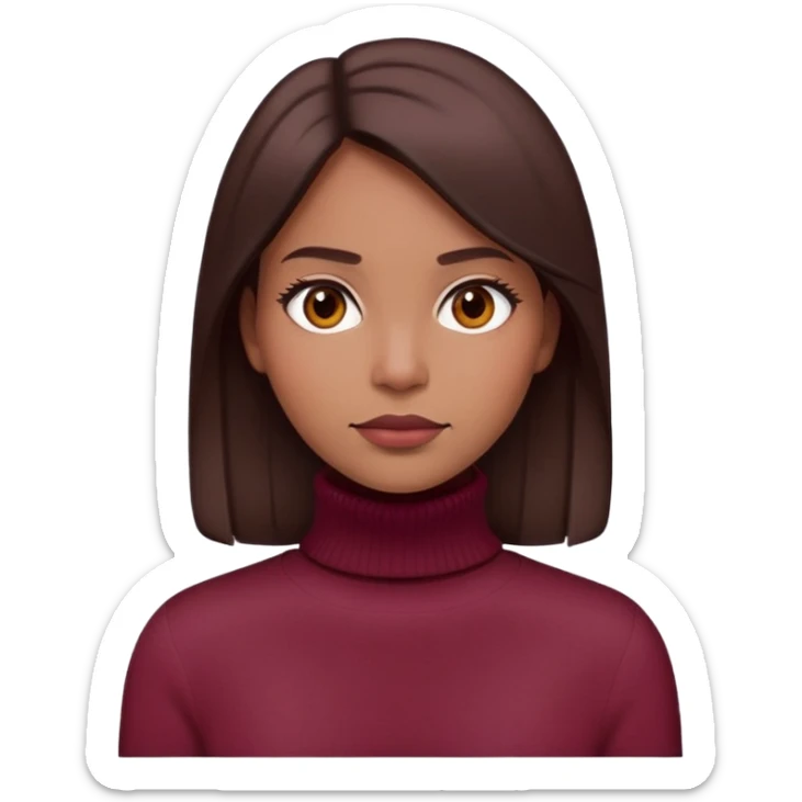 Portrait emoji of a woman with straight dark brown hair, wearing a burgundy turtleneck sweater. Calm expression, natural makeup, minimalistic and modern look." sticker