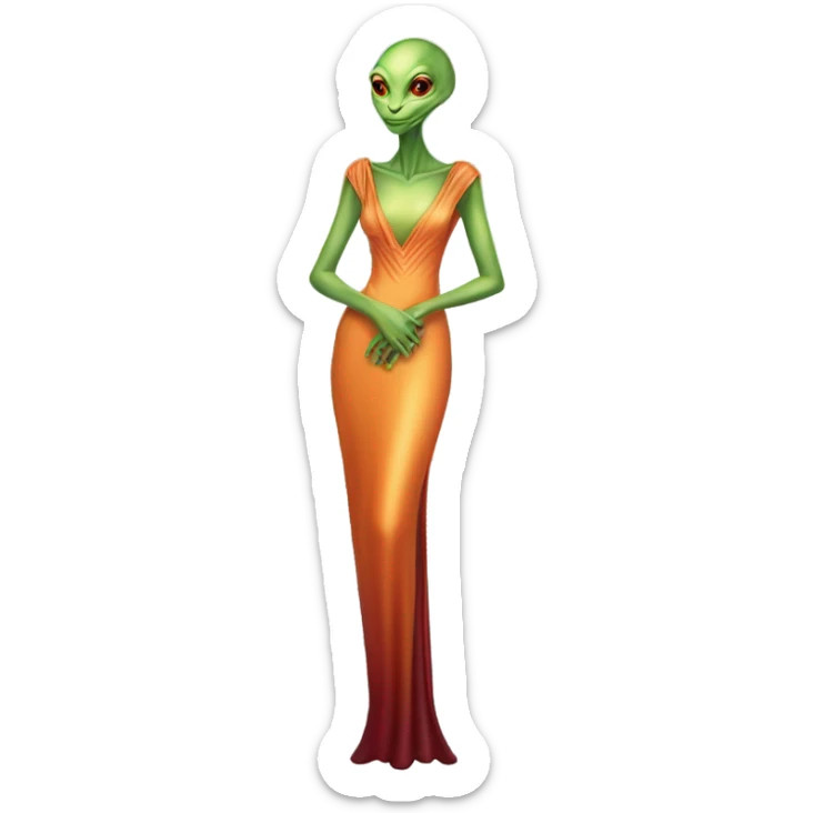reptilian green alien woman, in long slim pastel orange formal party satin dress with gradient shiny sparkling dark red, full figure, full body sticker