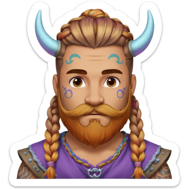 big lose braids starting from the top sides of the head hair like a unicorn man with mustache face wiith big visible loose only two braids and lots and lots of colored face tattoos colored tattoos like a tattoo artist hair unique color and beard viking  sticker