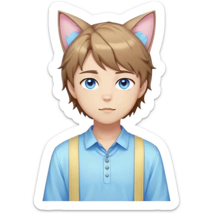 Pastel effeminate young femboy man with brown shiny hair, brown cat ears, pastel yellow blouse, blue eyes, cute, gorgeous, anime, catboy, full body sticker