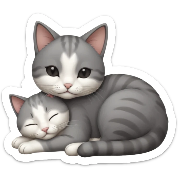 dark grey and white small cat with his eyes closed, leaning his head on his paw while leaning on his elbow lying down sticker