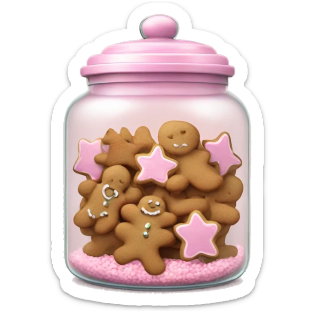 Realistic glass cookie jar with light pink lid full of gingerbread cookies isolated.  sticker