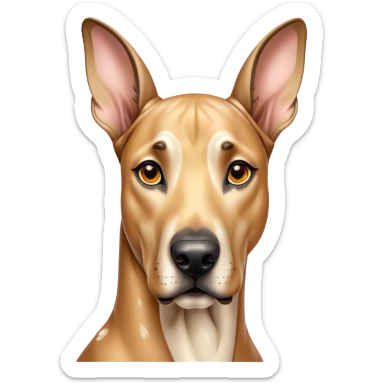 Cinematic Cute Fawn Great Dane Portrait Emoji, Head tilted playfully and inquisitively, showcasing a glossy fawn coat with a subtle luster, round, sparkling amber eyes filled with curiosity, Simplified yet irresistibly adorable features, highly detailed, glowing with a warm, friendly glow, high shine, affectionate and gentle, stylized with a touch of whimsy, bright and endearing, soft glowing outline, capturing the essence of a mischievous yet loving pup, so playful it feels like it could lumber out of the screen and into your arms! sticker