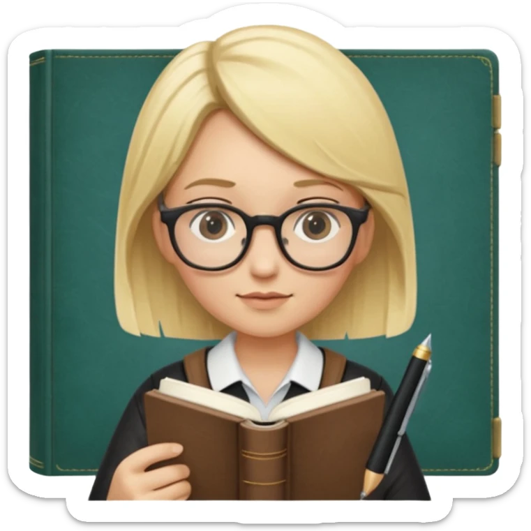 writer holding pen in hand and closed book in other hand, with blonde hair and wearing glasses sticker