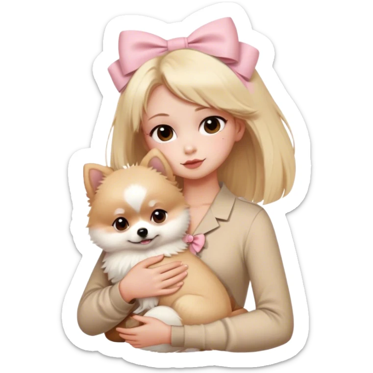 Blond girl with old money beige outfit white brown eye skin with boy brown hair brown eyes hugging white Pomeranian with light pink bow ponerania another pomerania red brown sticker