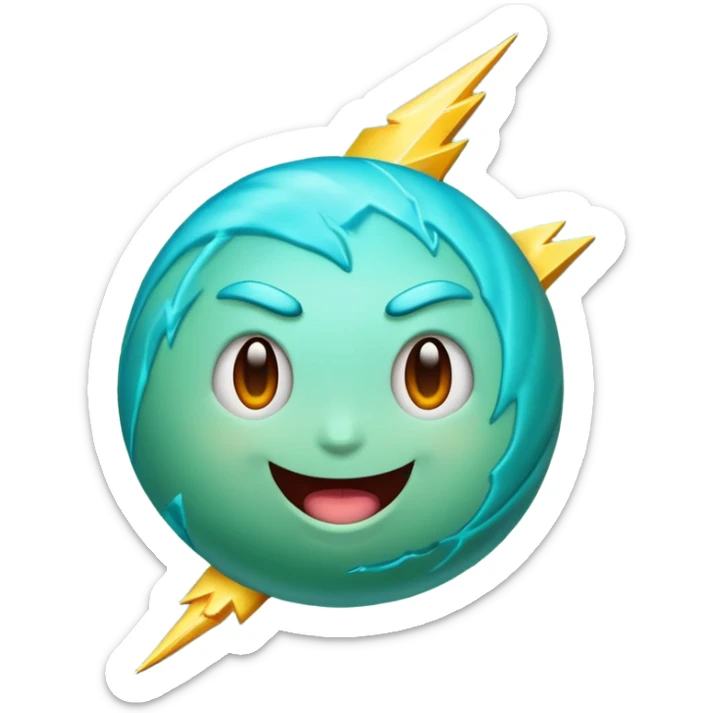 Uranus planet emoji in Apple-style, blue-green color with visible rings, big playful and excited face, large clearly visible bold lightning bolt, bursting with electric chaotic unexpected energy, highly expressive and fun features sticker