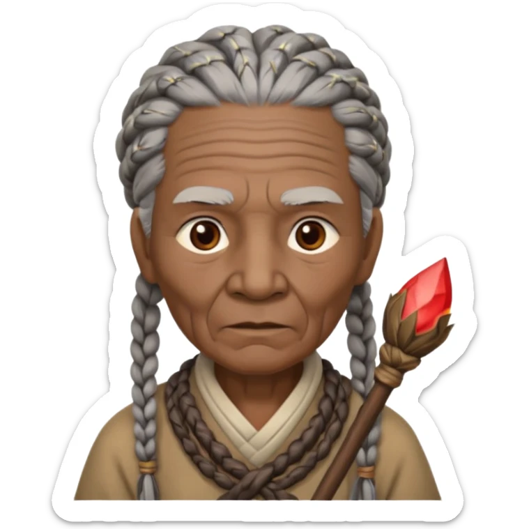 An elderly tribal leader with gray braids, wooden staff, and warm wise eyes.
 sticker