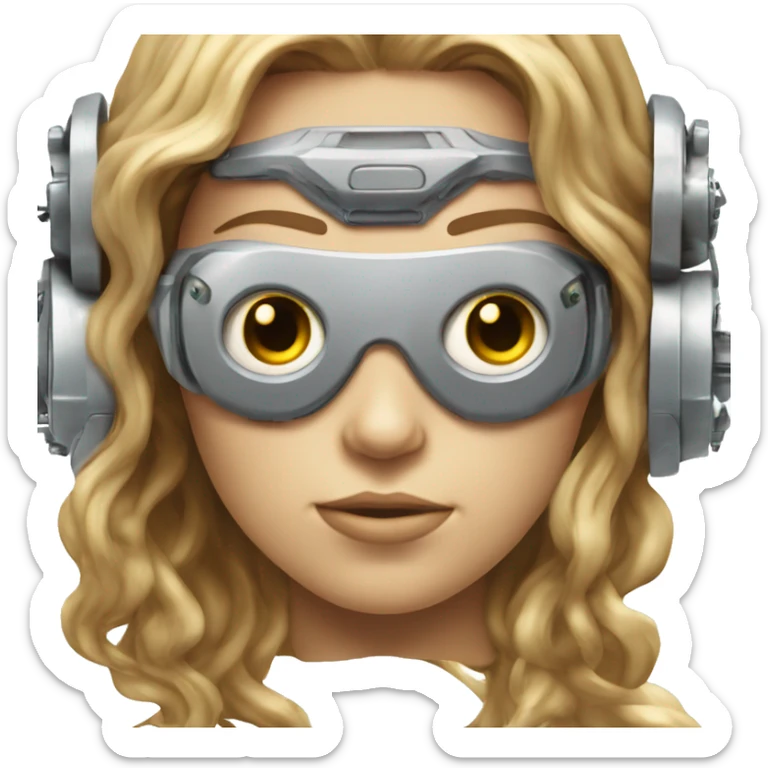 female cyborg head, fair skin, Brown long hair with blonde steaks, space age goggles and circuits sticker