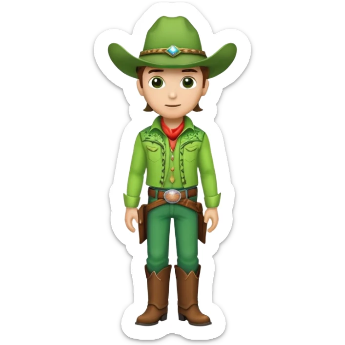 Cowboy wearing a bright green outfit and green cowboy hat, western style sticker