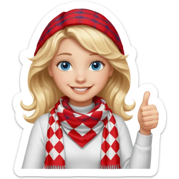 Blonde Girl Model, Blue Eyes, wavy hair, smiling, thumbs up, wearing red Checkered Triangle scarf, white dress sticker