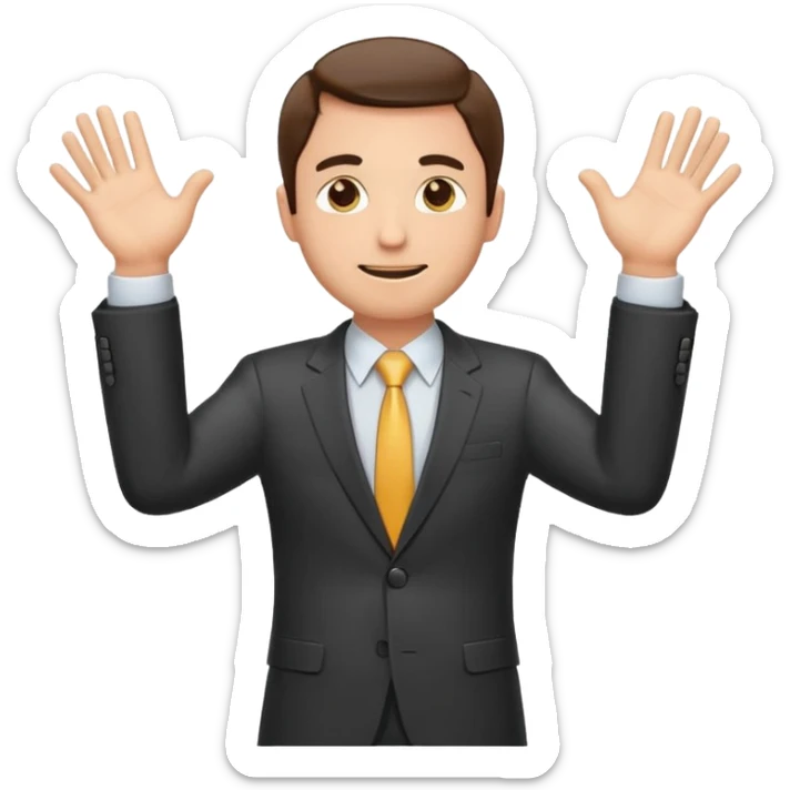 Sticker of a man in a business suit, front view, both arms extended straight in front of his body at chest level, elbows slightly bent, palms facing inward as if holding an invisible box, friendly expression, clean cartoon style, bold outlines, minimal background, emoji sticker style sticker